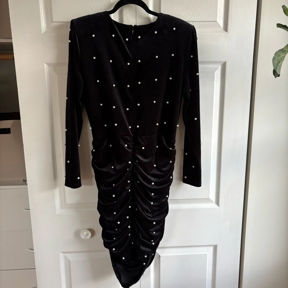 Eloquii Black White Pearl Embellished Bodycon Velvet Mini Dress 16 Long Sleeve - Picture 6 of 9